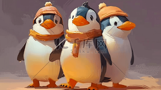 冬季动物卡通插画图片_冬季立体卡通戴帽子企鹅插画5