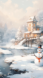 小雪插画图片_风景凉亭湖泊手绘冬天插画海报