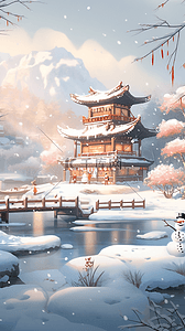 小雪插画图片_冬天风景凉亭湖泊手绘插画海报