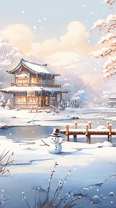 小雪海报插画图片_风景冬天凉亭湖泊手绘插画海报