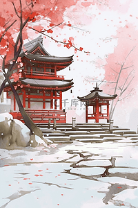 古典建筑红叶手绘水彩插画冬天