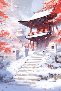 冬天古典红叶手绘建筑水彩插画