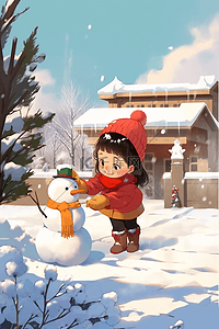 卡通简笔画插画图片_冬天可爱孩子手绘堆雪人插画
