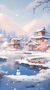 小雪插画图片_冬天风景手绘凉亭湖泊插画海报