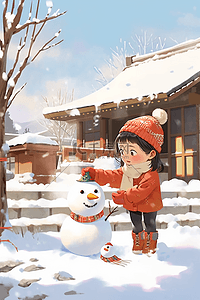 卡通简笔画插画图片_可爱孩子堆雪人手绘插画冬天