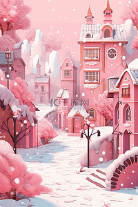 冬天唯美插画小镇粉色手绘海报