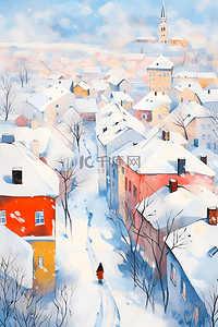 雪景小镇覆盖着雪冬天水彩手绘插画
