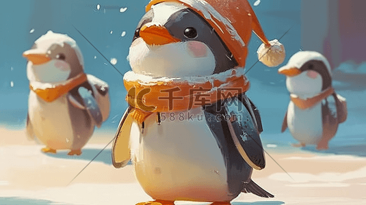 冬季动物卡通插画图片_冬季立体卡通戴帽子企鹅插画3