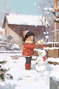 卡通简笔画插画图片_冬天可爱孩子手绘堆雪人插画