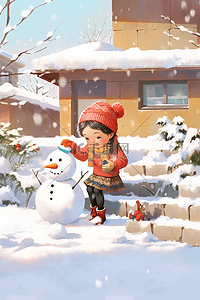 可爱孩子堆雪人手绘冬天插画