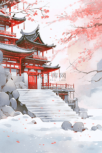 冬天古典水彩插画建筑红叶手绘