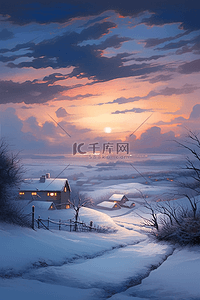 冬天插画唯美雪景夕阳海报