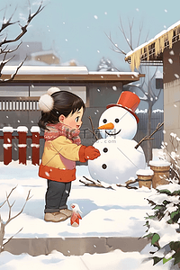 堆雪人冬天可爱孩子手绘插画