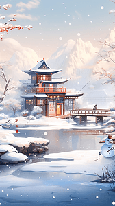 小雪插画图片_冬天手绘风景凉亭湖泊插画海报