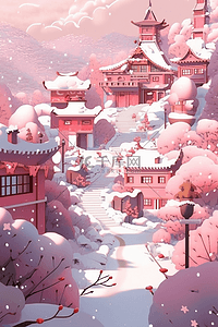 雪天的小镇插画图片_唯美插画粉色小镇手绘冬天海报