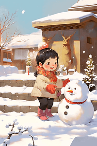 冬天简约海报插画图片_冬天可爱孩子手绘插画堆雪人