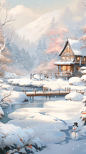 小雪插画图片_风景凉亭冬天湖泊手绘插画海报