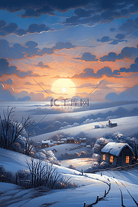 插画冬天唯美雪景夕阳海报