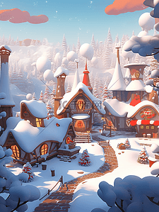圣诞雪景海报插画图片_童话小镇雪景手绘唯美插画海报