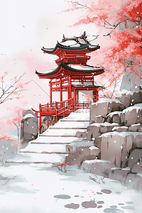 冬天手绘水彩古典建筑红叶插画