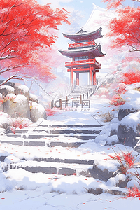 冬天红叶古典建筑手绘水彩插画