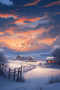 冬天唯美雪景夕阳插画海报