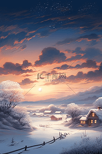 冬天插画海报唯美雪景夕阳