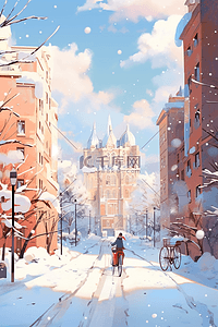 下雪的冬天街道城市手绘插画