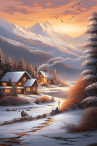 落日的天空插画图片_冬天夕阳下乡村手绘雪景海报原创插画