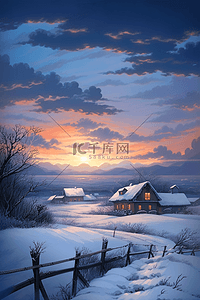 冬天唯美雪景夕阳海报插画