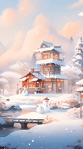 小雪插画图片_冬天风景凉亭湖泊插画海报手绘