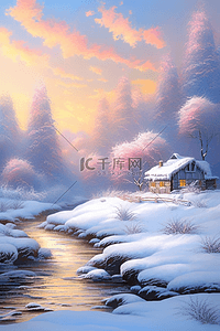 清油包装插画图片_唯美雪景晚霞冬天手绘插画