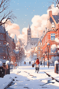 冬天手绘下雪的街道城市插画