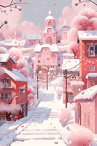 唯美插画粉色小镇手绘海报冬天