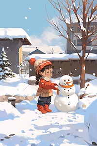 插画冬天可爱孩子堆雪人手绘