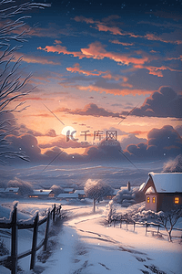 昏暗的天空插画图片_冬天唯美雪景插画夕阳海报