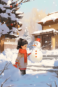 冬天可爱孩子堆雪人手绘插画