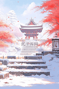 手绘冬天古典建筑红叶插画水彩