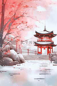 冬天古典建筑手绘水彩红叶插画