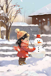 抱孩子卡通插画图片_冬天手绘可爱孩子堆雪人插画