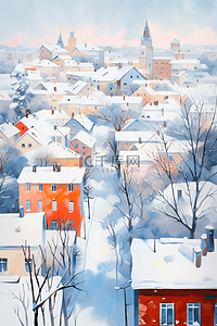 冬天水彩雪景小镇覆盖着雪手绘插画