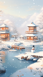 小雪插画图片_冬天海报风景凉亭湖泊手绘插画