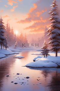 清油包装插画图片_唯美雪景晚霞手绘冬天插画