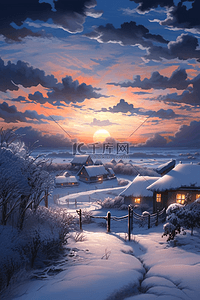 昏暗的天空插画图片_唯美雪景夕阳插画海报冬天