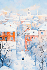 水彩画城市插画图片_雪景小镇冬天覆盖着雪水彩手绘插画