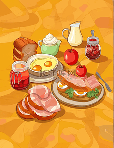 早餐设计插画图片_丰盛的早餐鸡蛋牛奶面包果酱健康插画设计