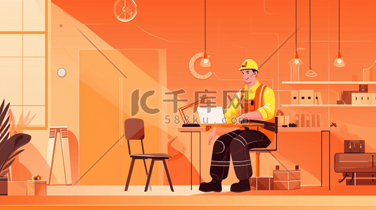 橙色商务插画图片_扁平化电脑桌前商务办公人士插图