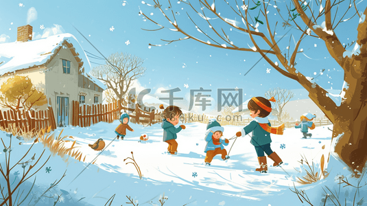 冬季手绘小孩雪地玩雪的插画18