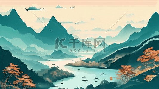 青绿山水国画风景自然插图