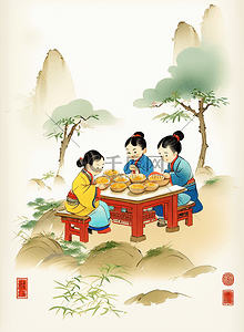 中国风复古春节插画图片_春节插画做饭古代中国风复古水彩